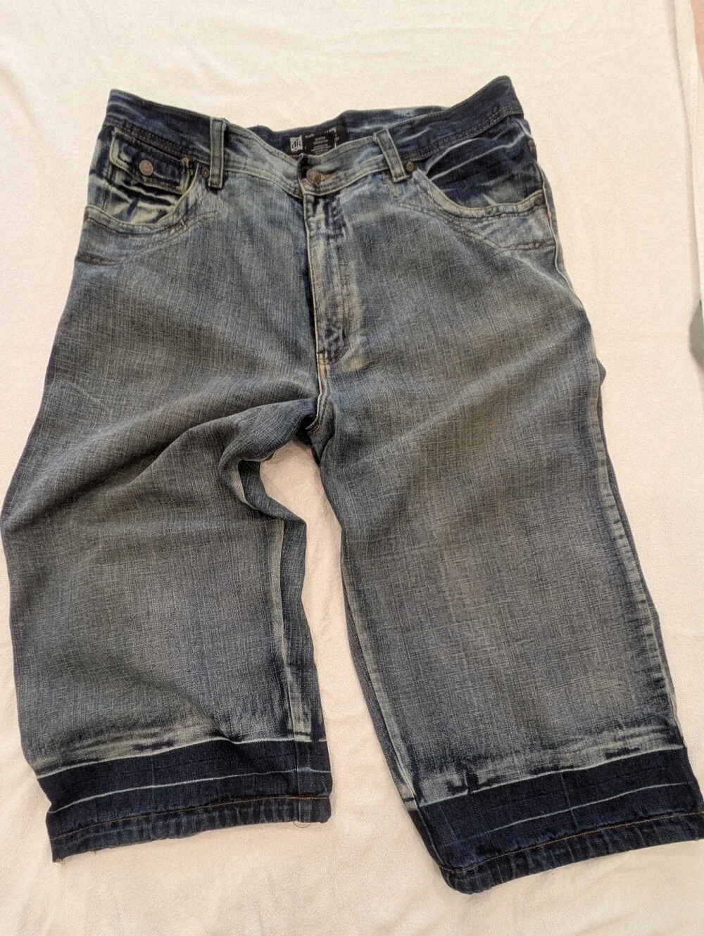DTEK JEANS Men's Baggy Denim Jorts Size 38 Dark Blue Wash Distressed Gothi